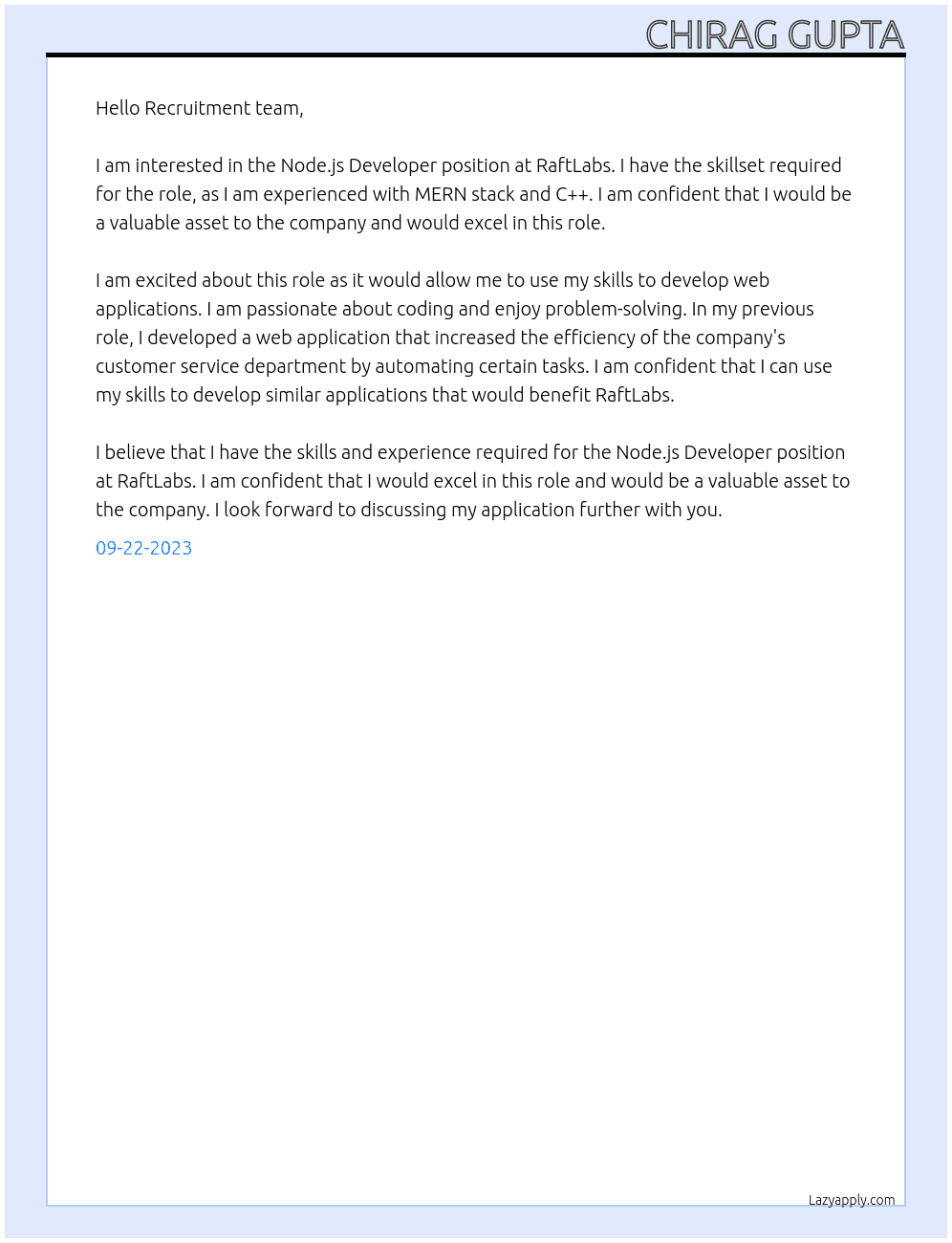 Node.js Developer At RaftLabs Cover Letter