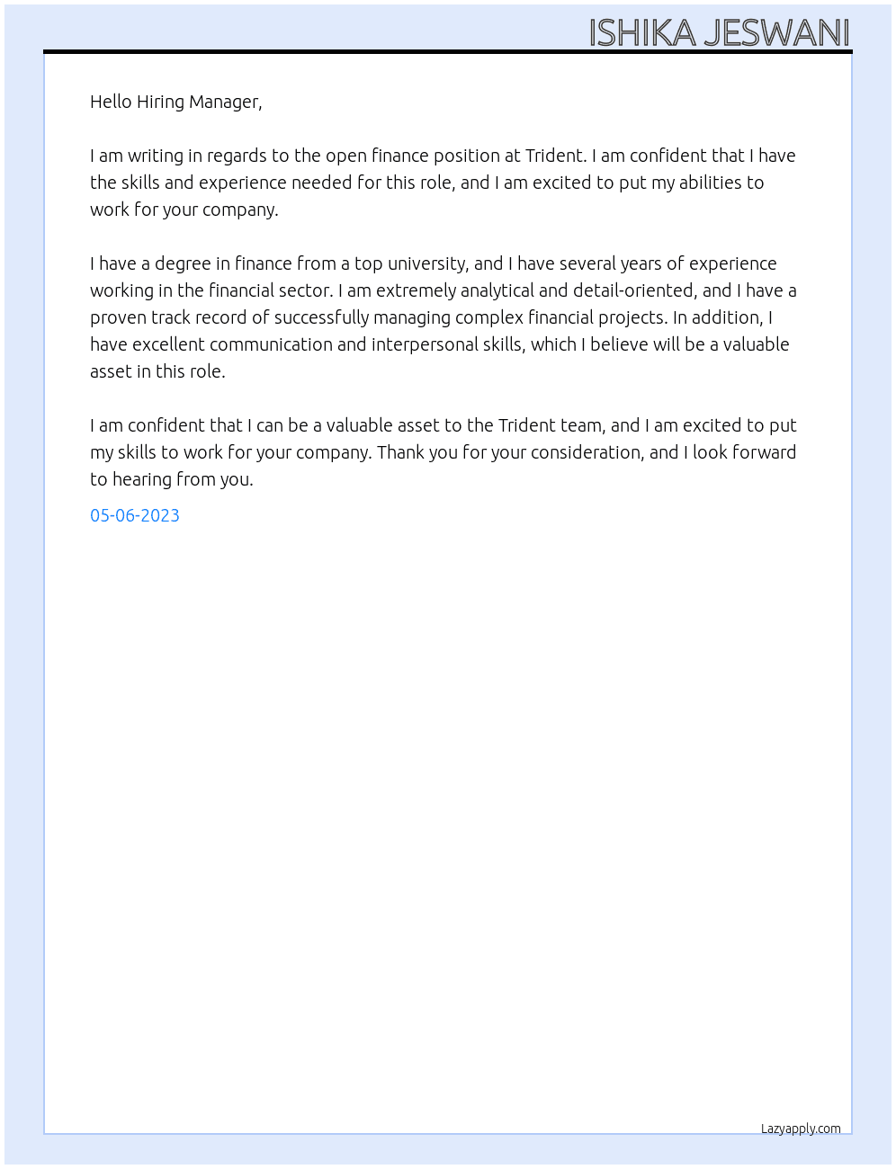 finance At Trident Cover Letter