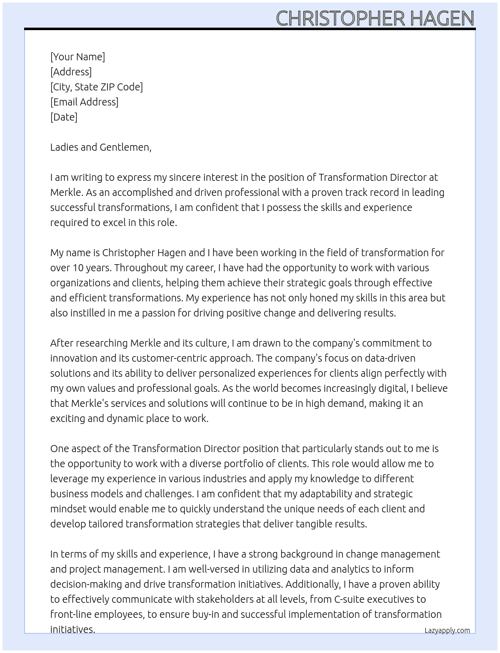 Transformation Director At Merkle Cover Letter