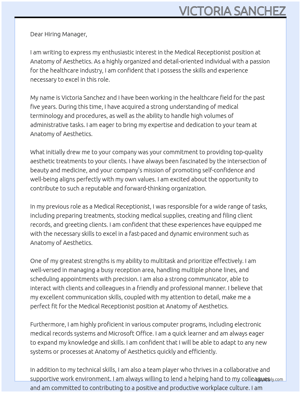 Medical Receptionist At Anatomy of Aesthetics Cover Letter