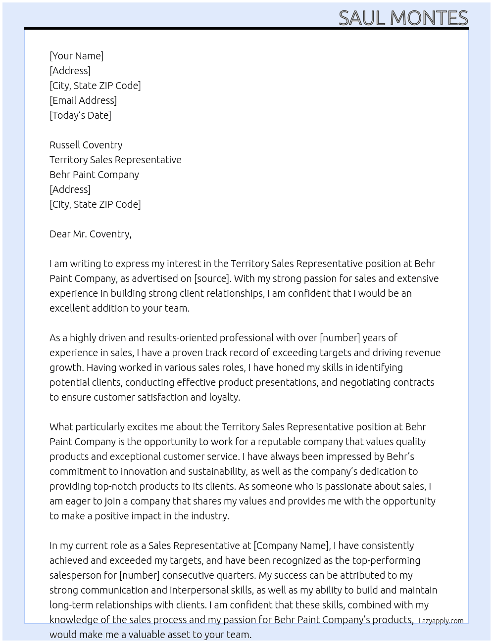 Territory Sales Representative  At Behr Paint Company Cover Letter