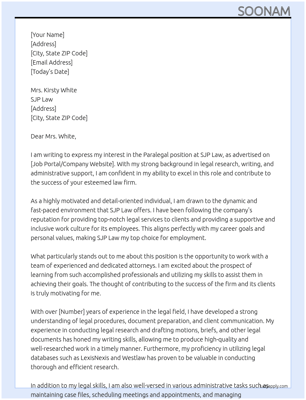 Paralegal At SJP law Cover Letter