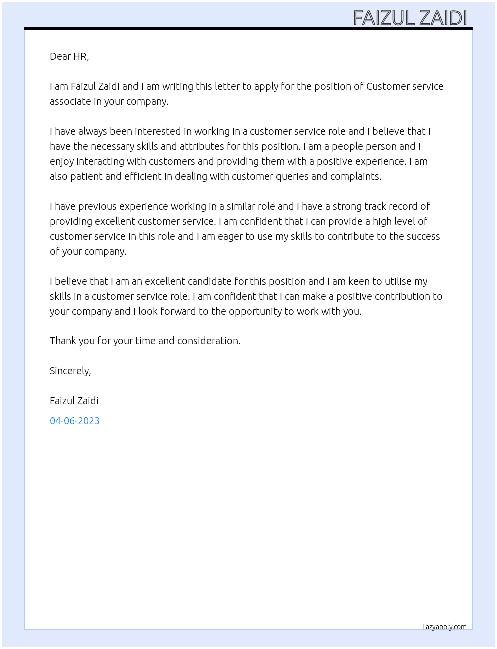 Customer service associate  At Your  Cover Letter