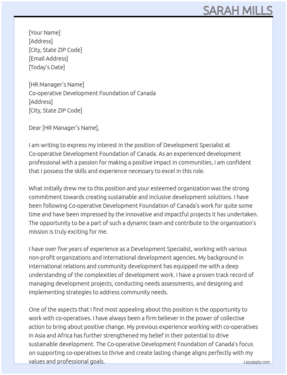 Development Specialist At Co-operative Development Foundation of Canada Cover Letter