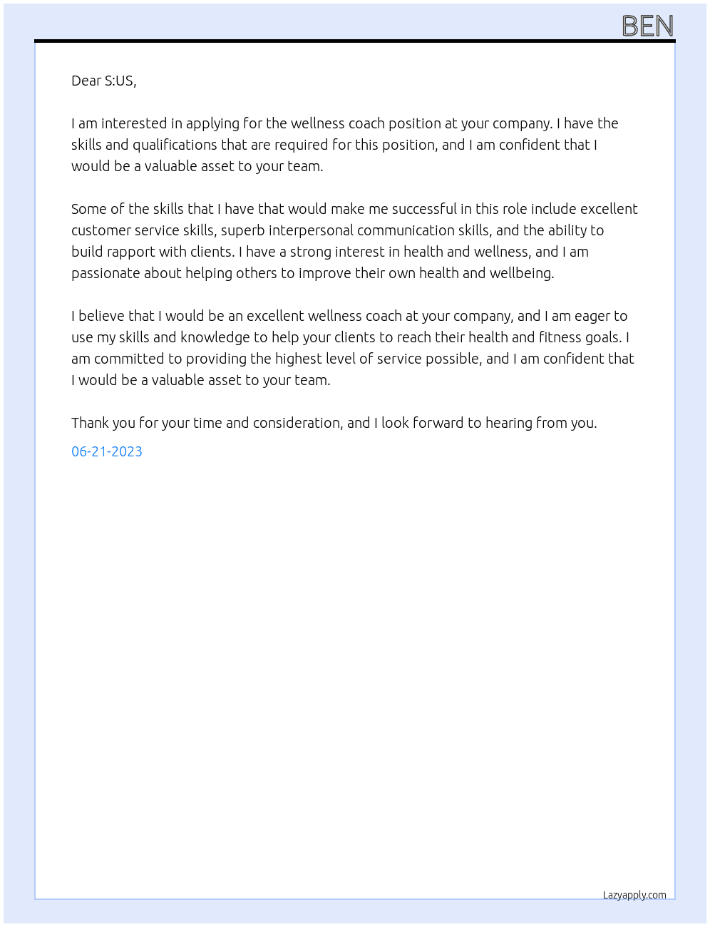 Wellness Coach At S:US Cover Letter