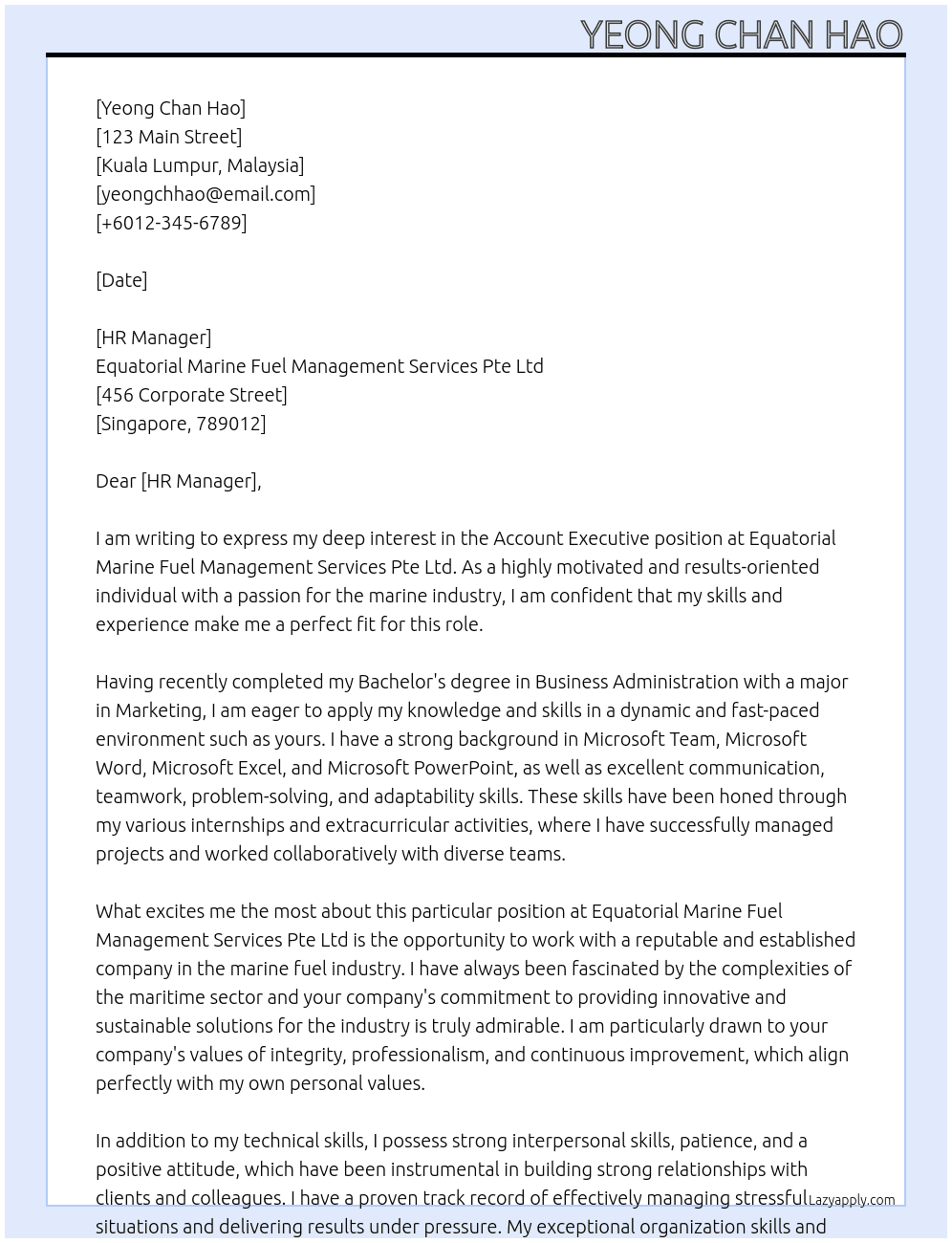 Account executive  At Equatorial Marine Fuel Management Services Pte Ltd Cover Letter