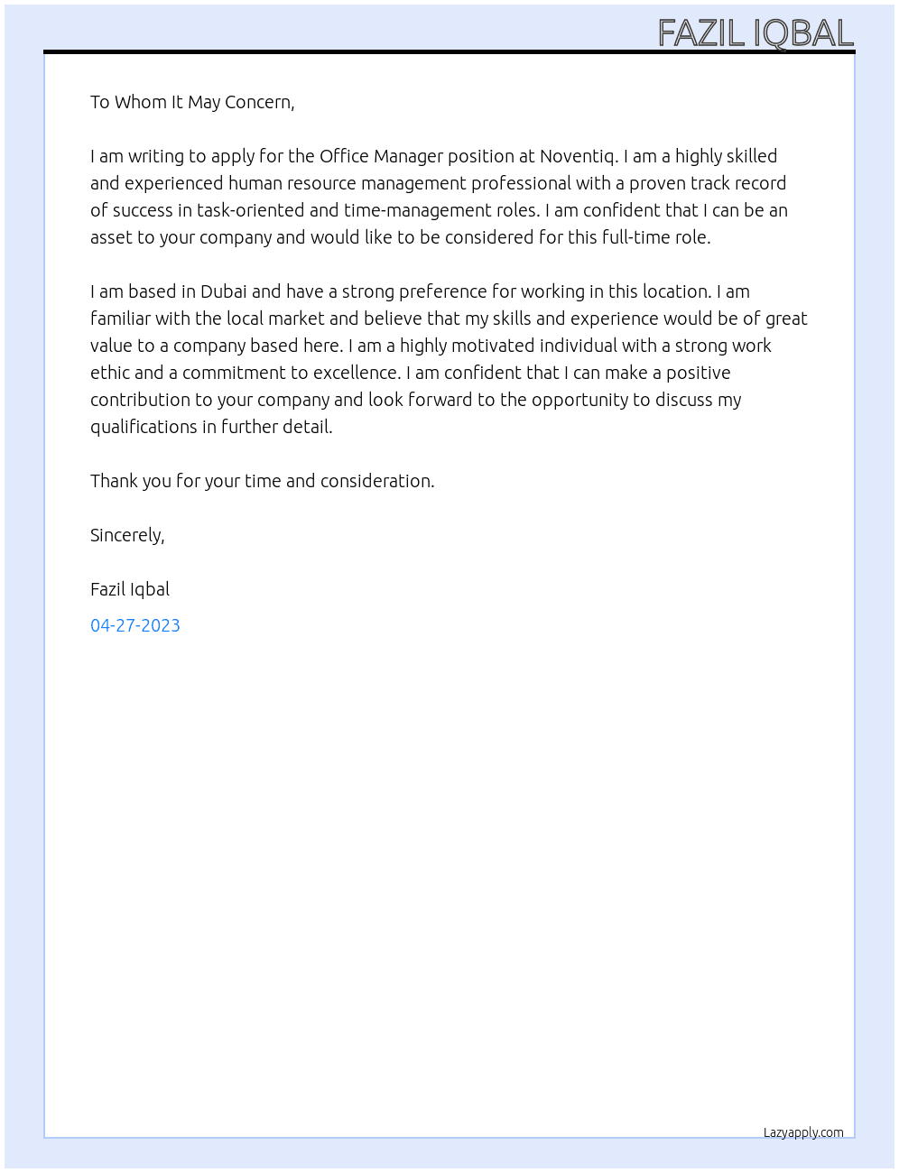 Office Manager At Noventiq Cover Letter