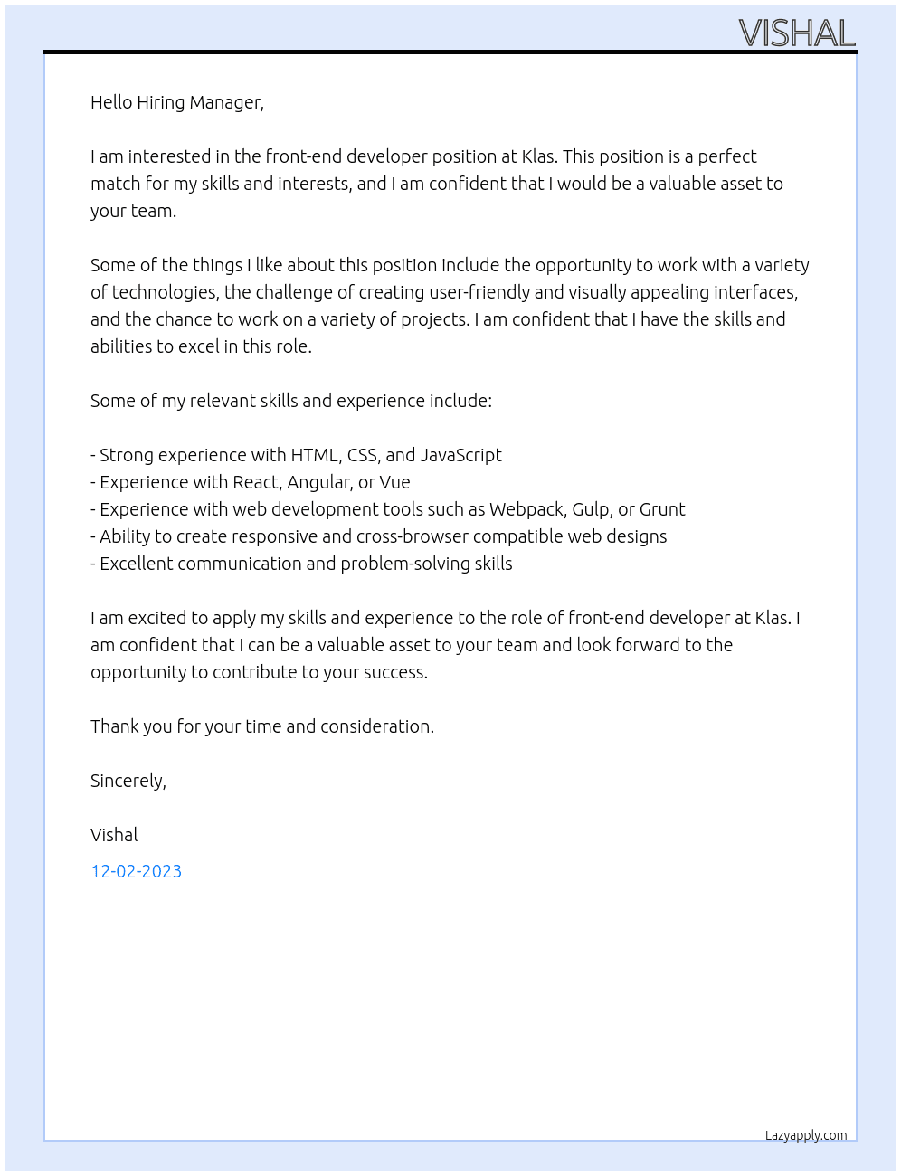 Front-end developer  At Klas Cover Letter