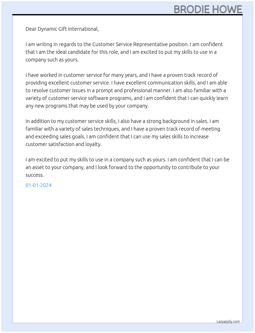 Customer Service Representative At Dynamic Gift International Cover Letter