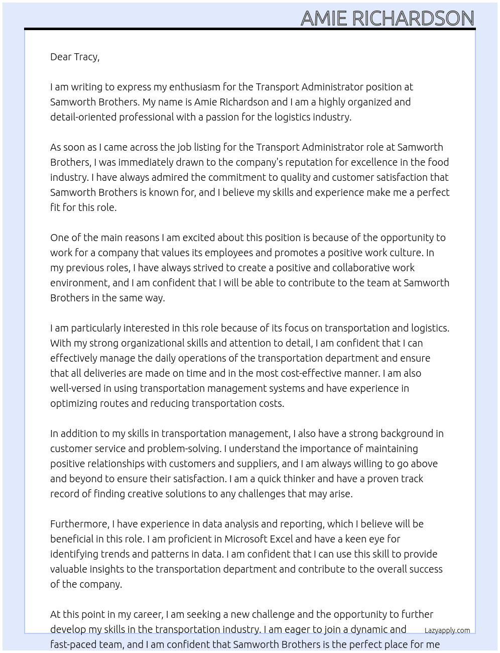 Cover letter for transport administrator - LazyApply