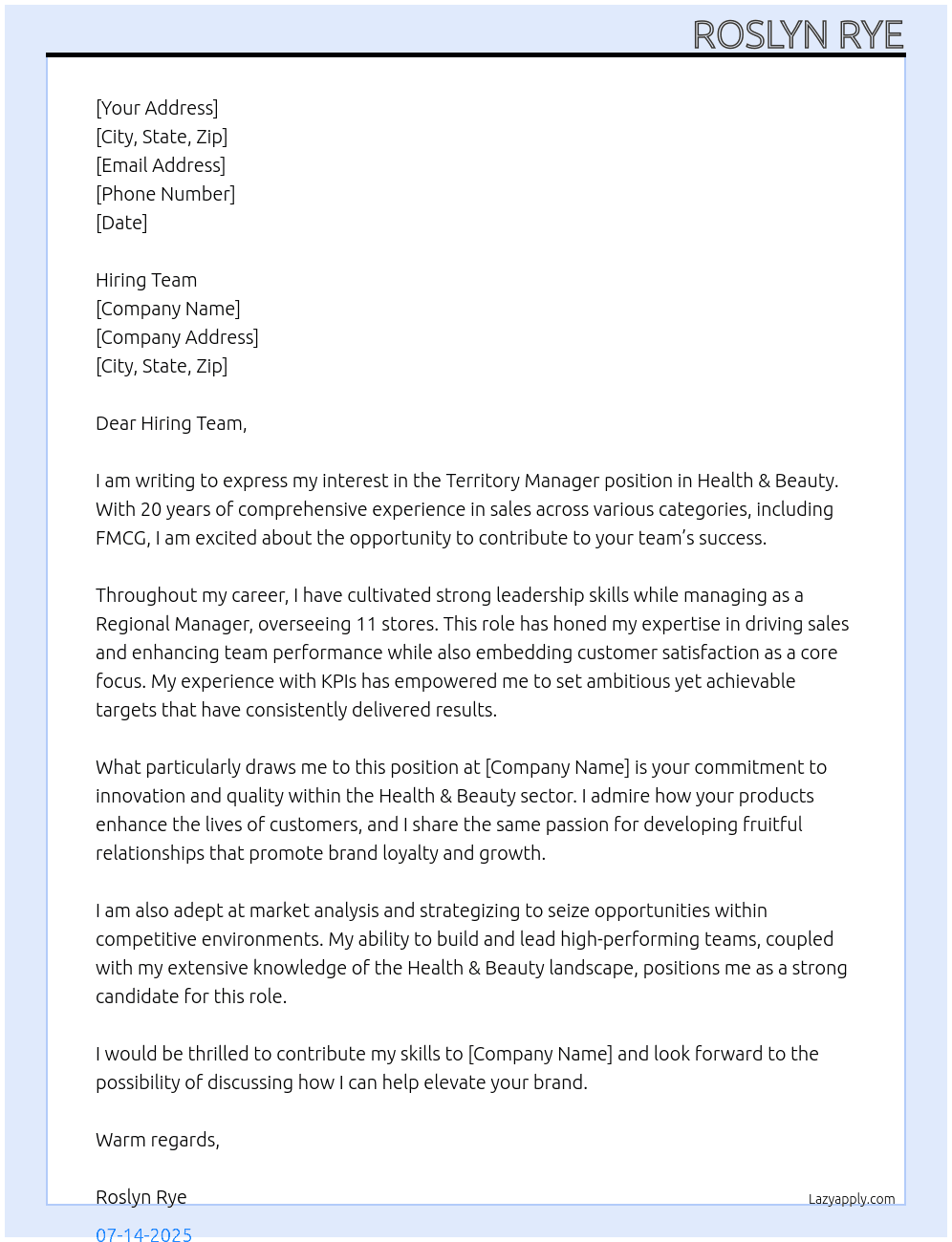 Territory Manager Health & Beauty At Hiring team Cover Letter