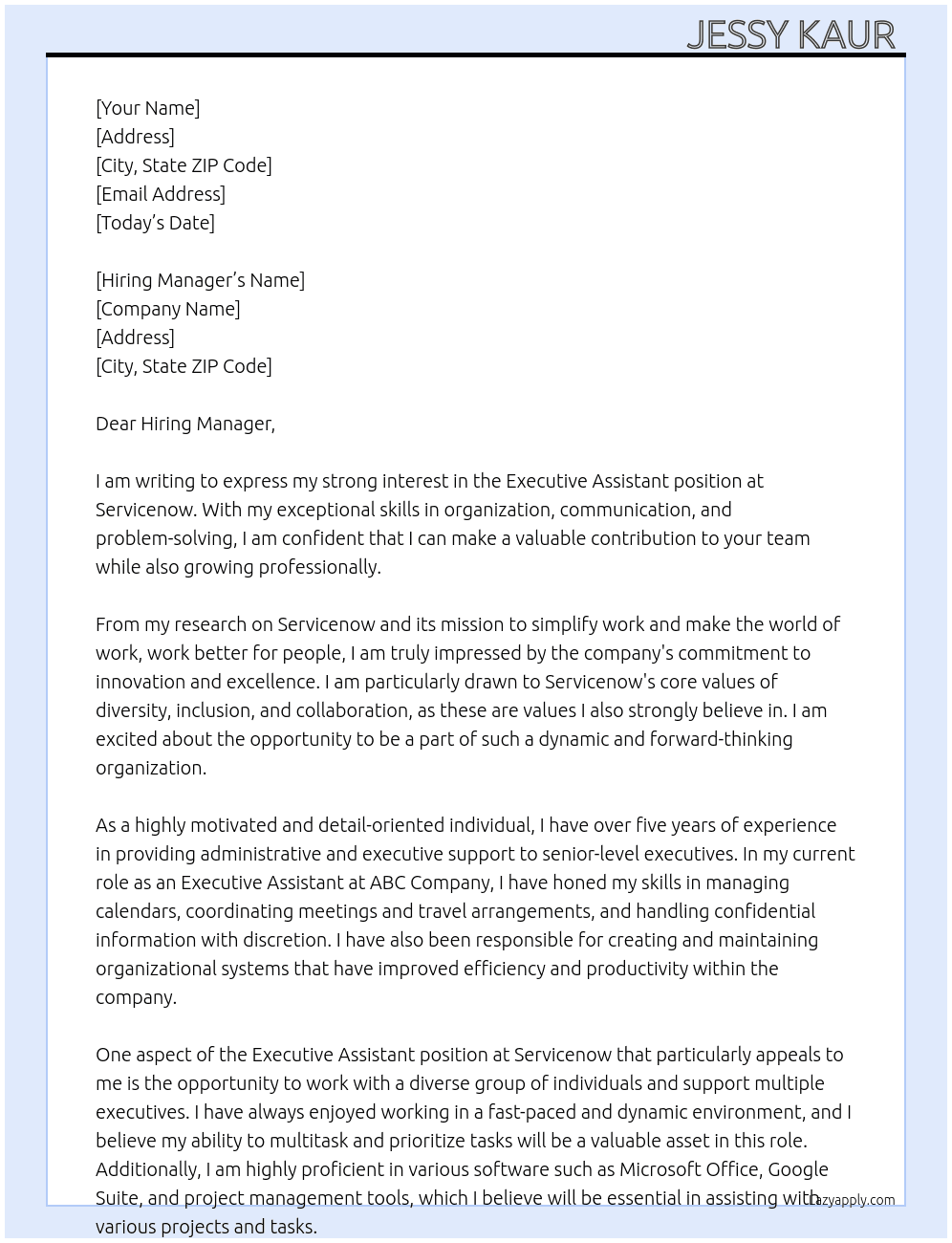 Executive assistant At Servicenow  Cover Letter