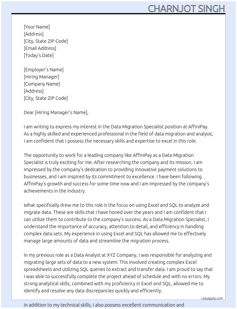 Data Migration Specialist At AffiniPay Cover Letter
