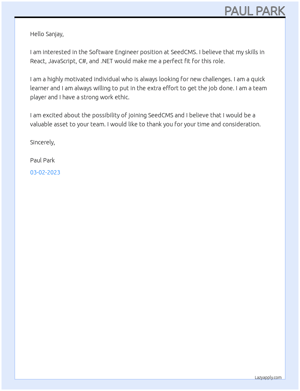 Software Engineer At SeedCMS Cover Letter