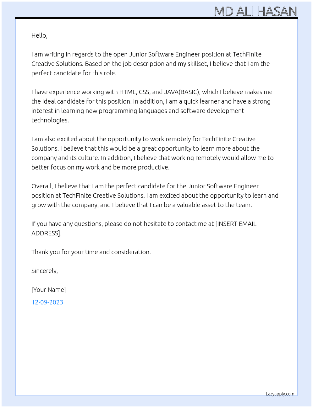 Junior Software Engineer At IT Company Cover Letter