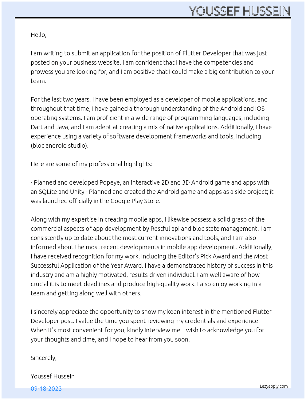 Flutter Developer At mobilder Cover Letter