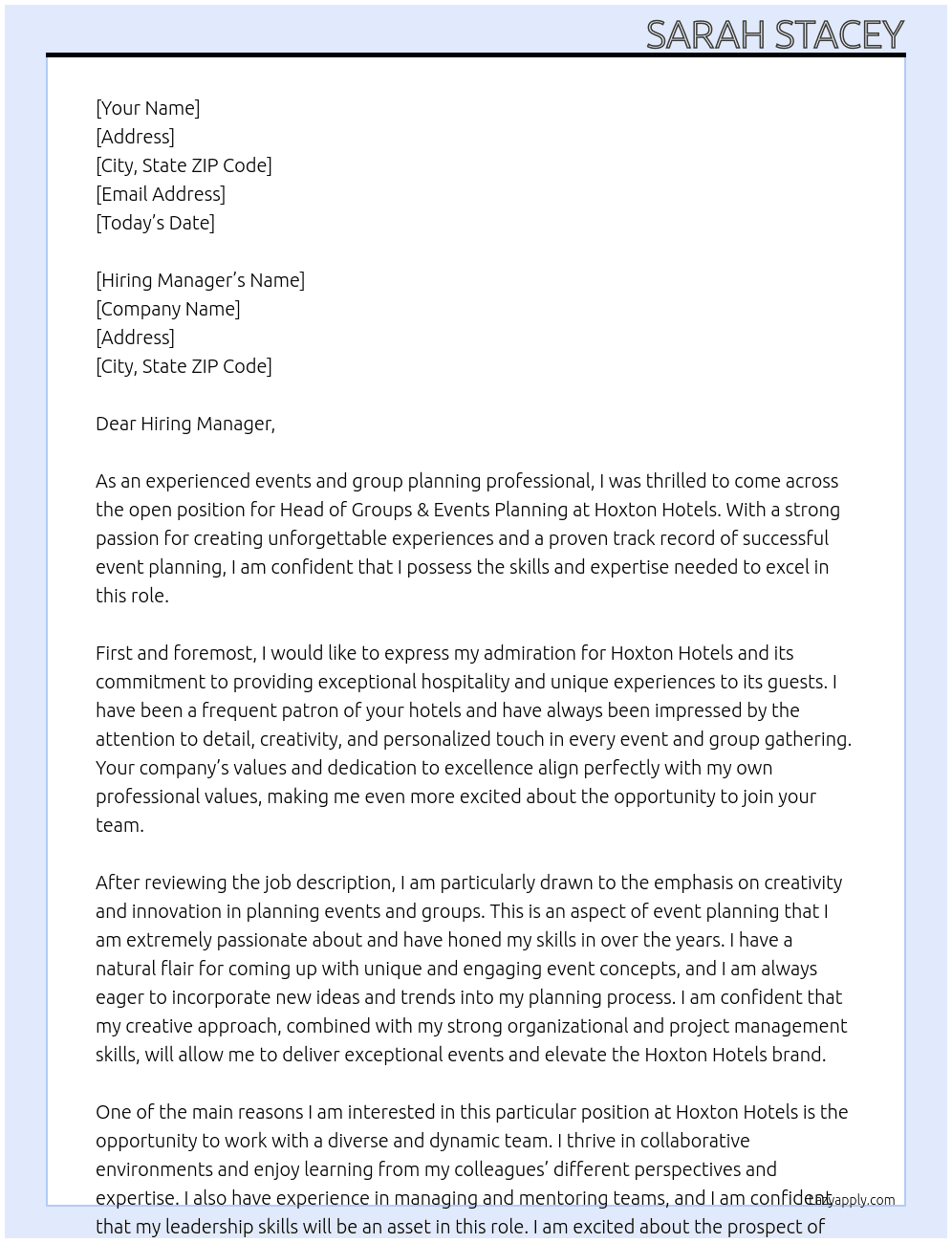 Head of Groups & Events Planning At Hoxton Hotels Cover Letter