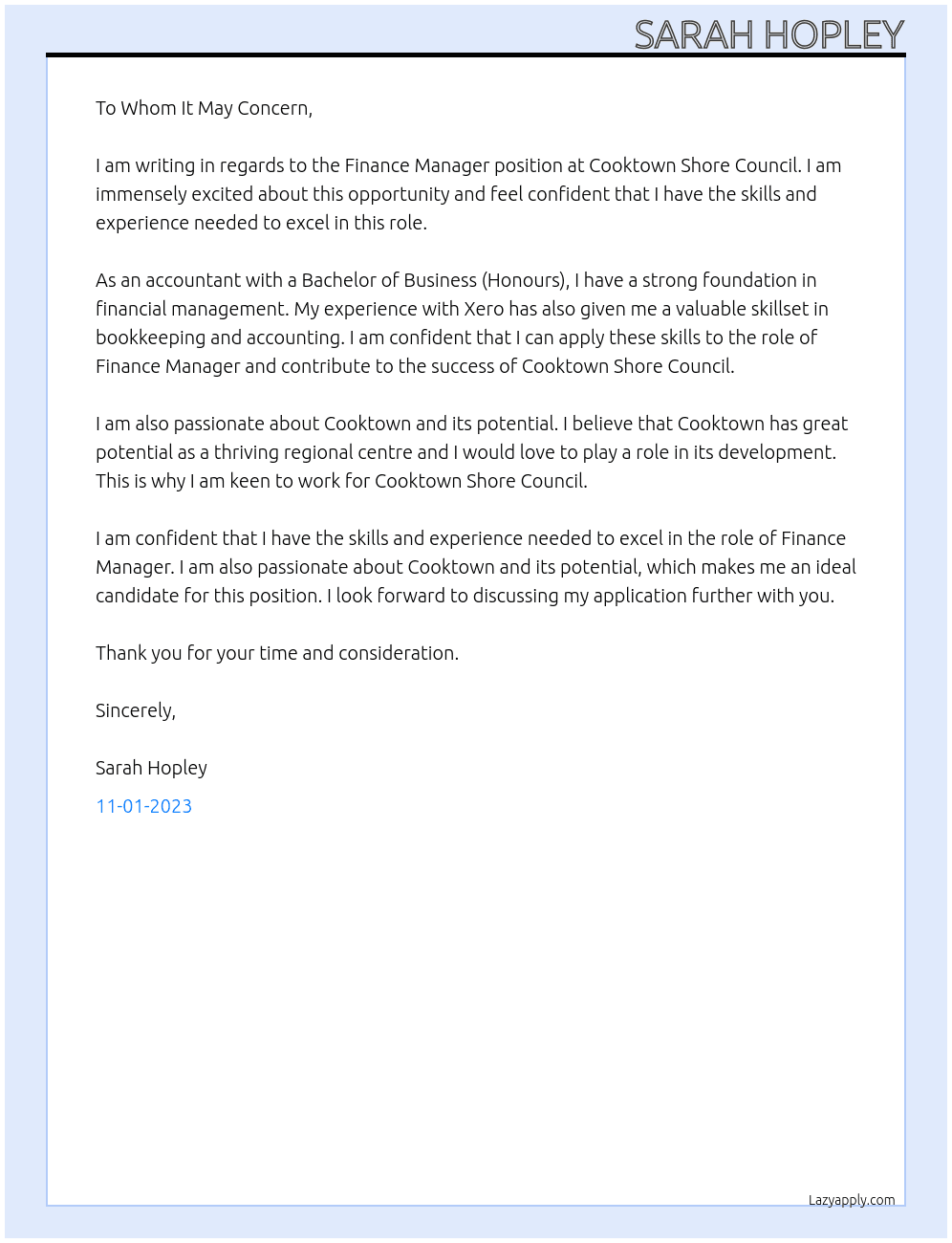 Finance manager At Cooktown Shore Council Cover Letter