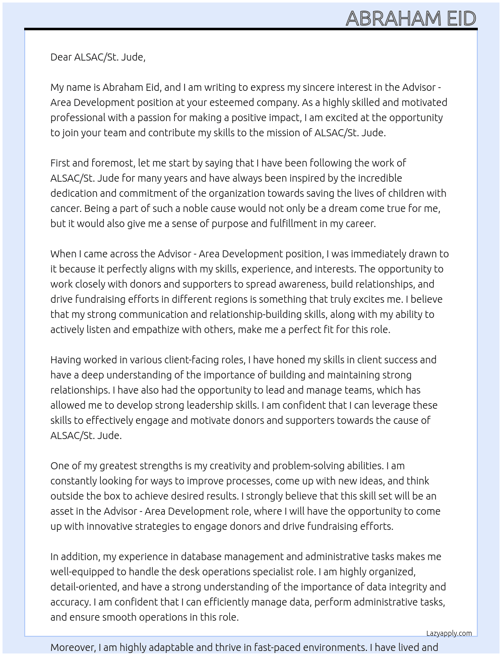 Advisor - Area Development At ALSAC/St. Jude Cover Letter