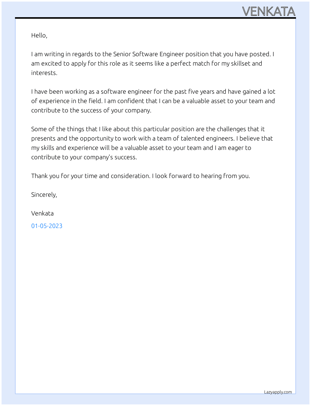 Senior Software Engineer At N/A Cover Letter