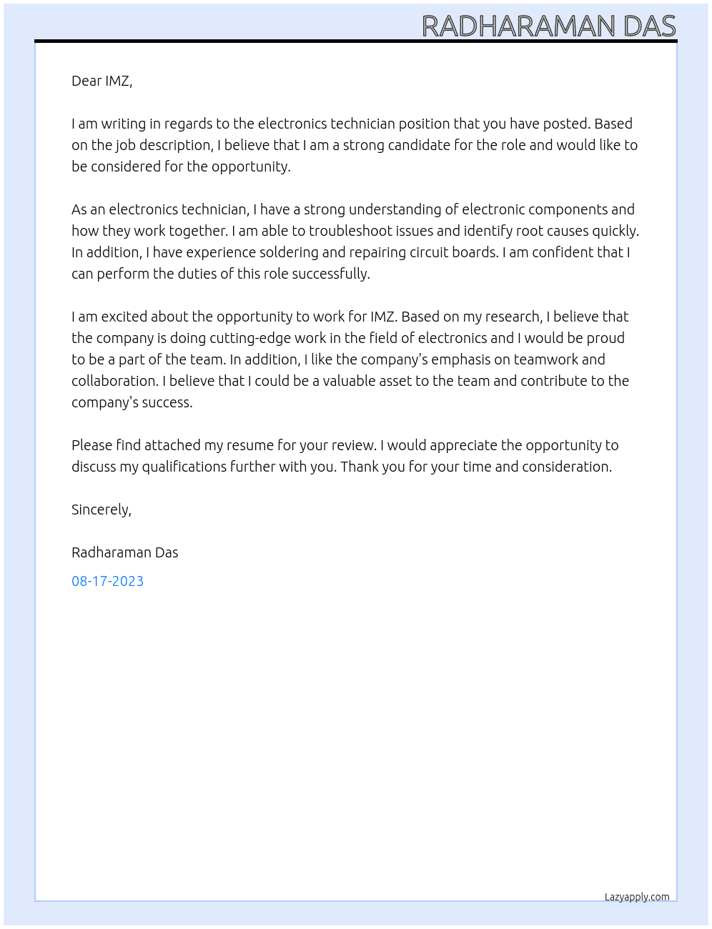 electronics technician At IMZ Cover Letter