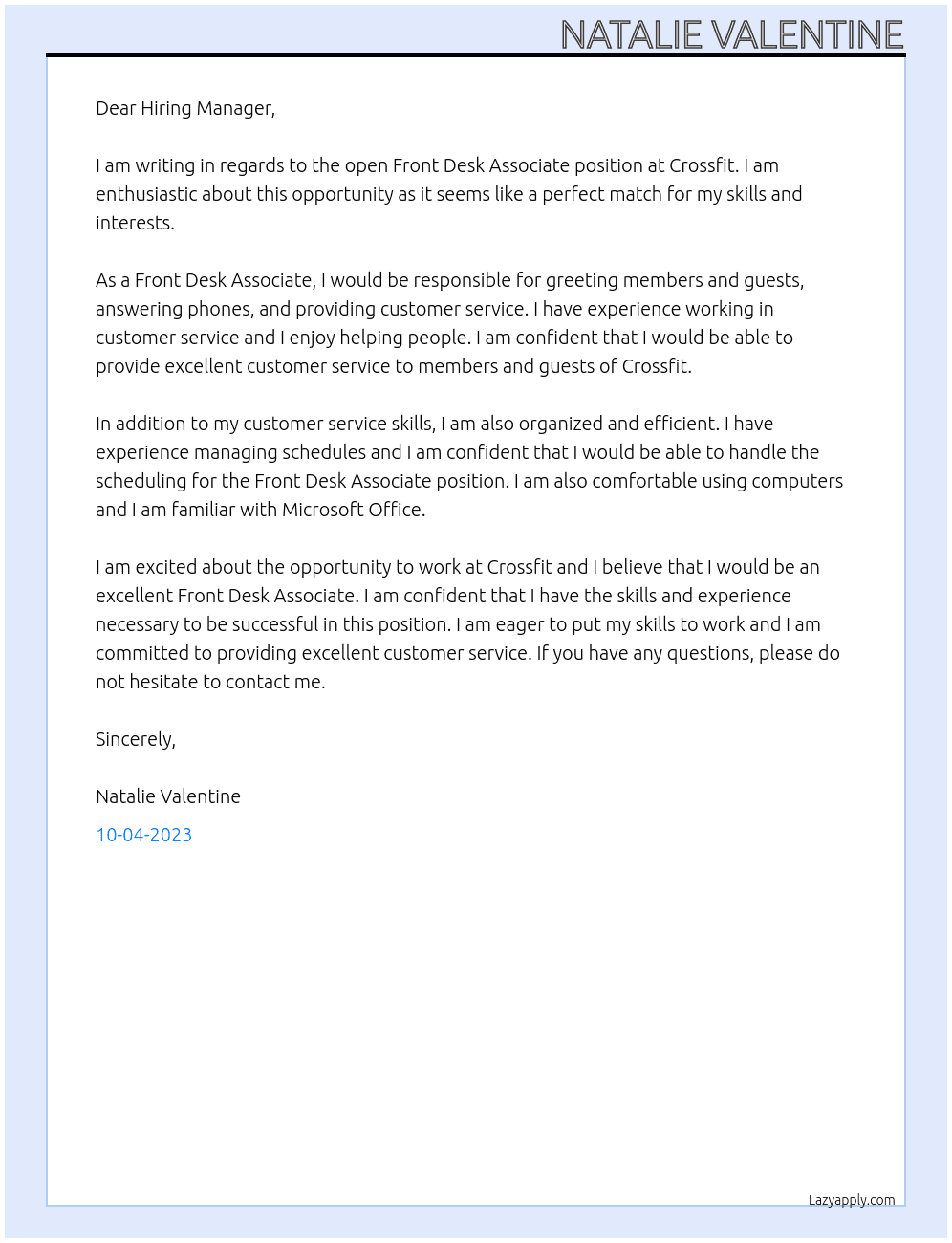 Front desk associate At Crossfit Cover Letter