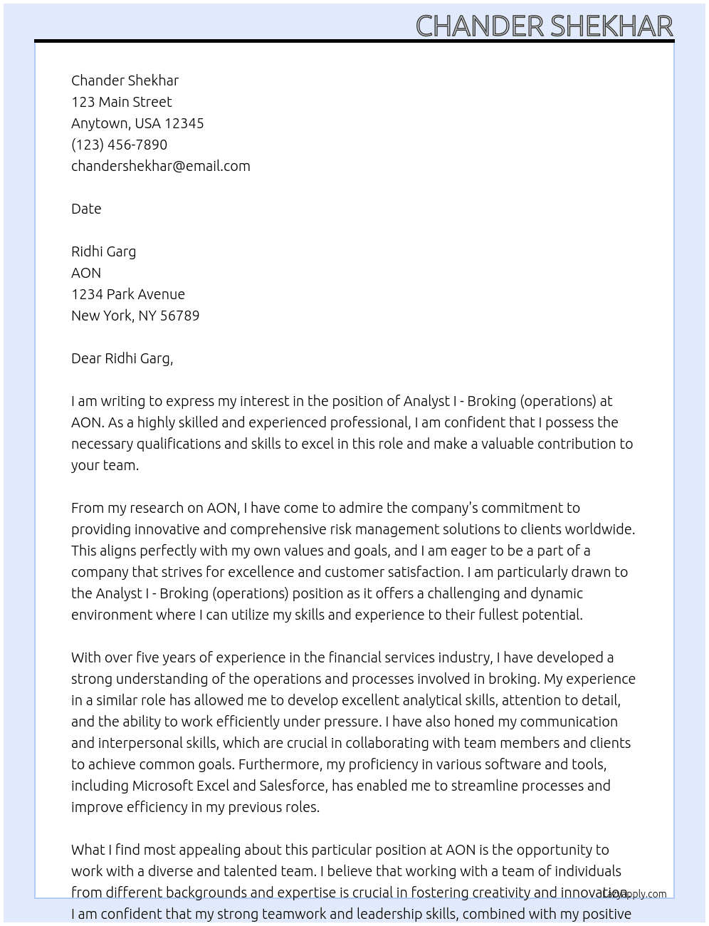 Analyst I - Broking (operations) At AON Cover Letter