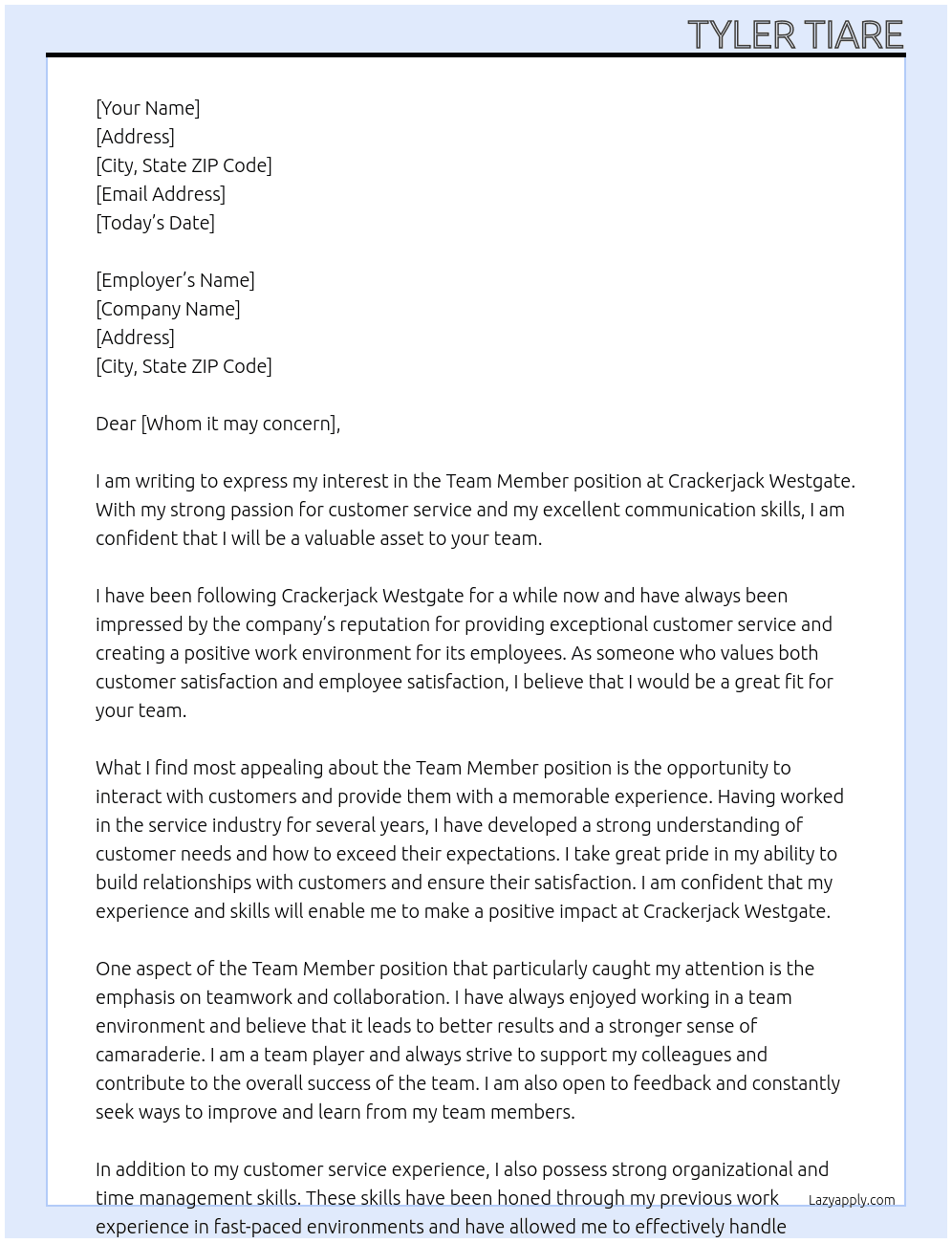 Team Member At Crackerjack Westgate Cover Letter