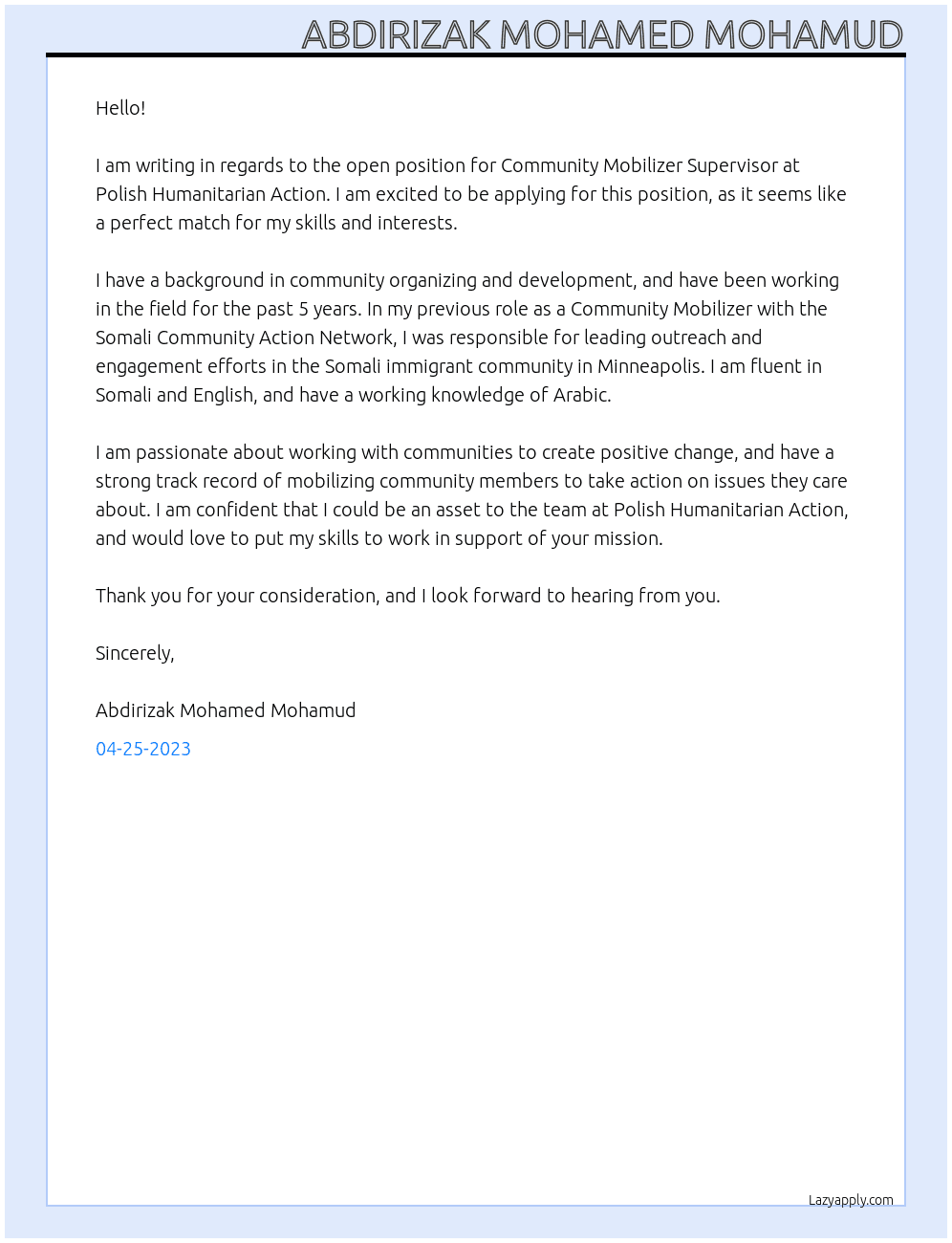 community mobilizer supervisor At Polish Humanitarian Action Cover Letter