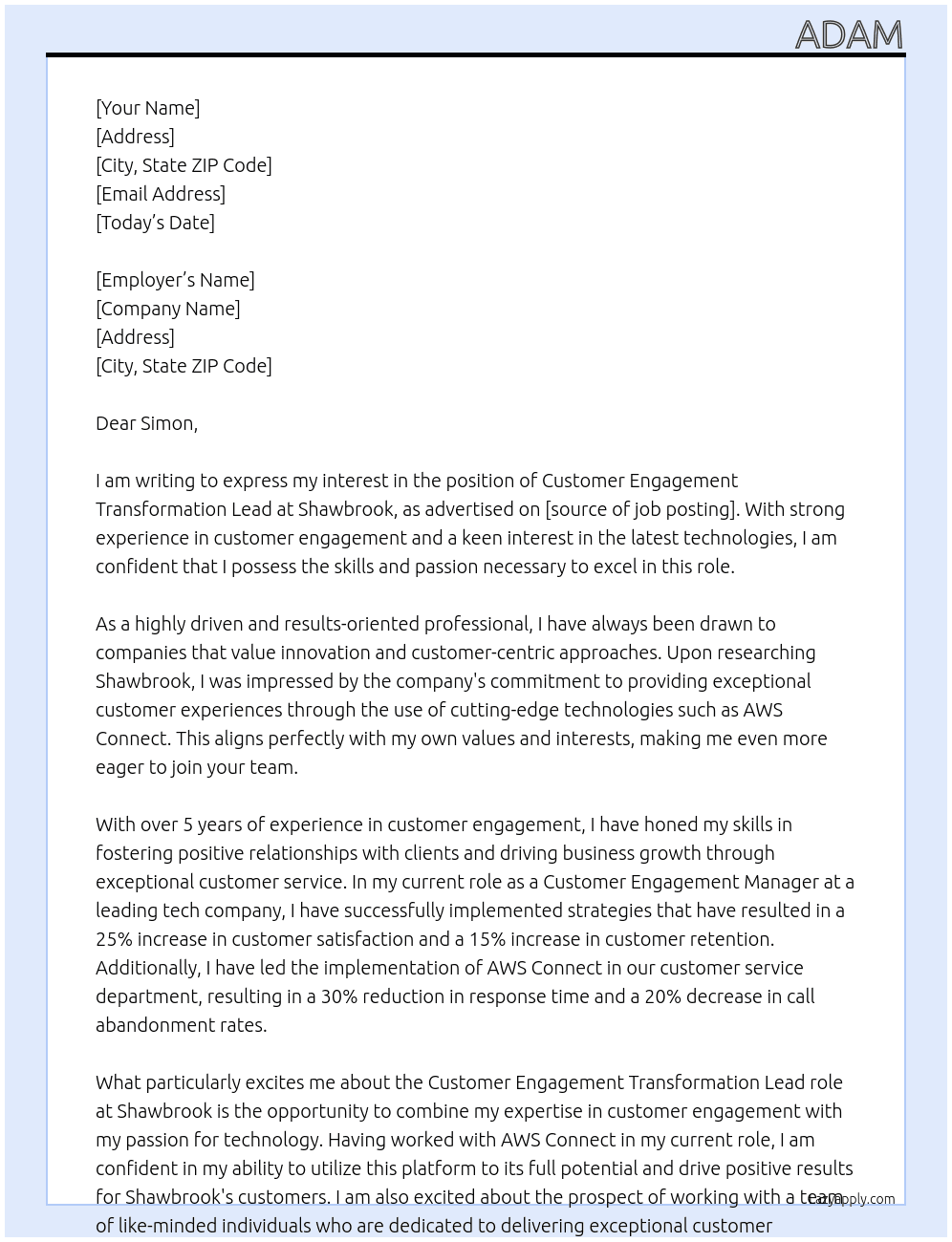 Customer Engagement Transformation Lead At Shawbroook Cover Letter