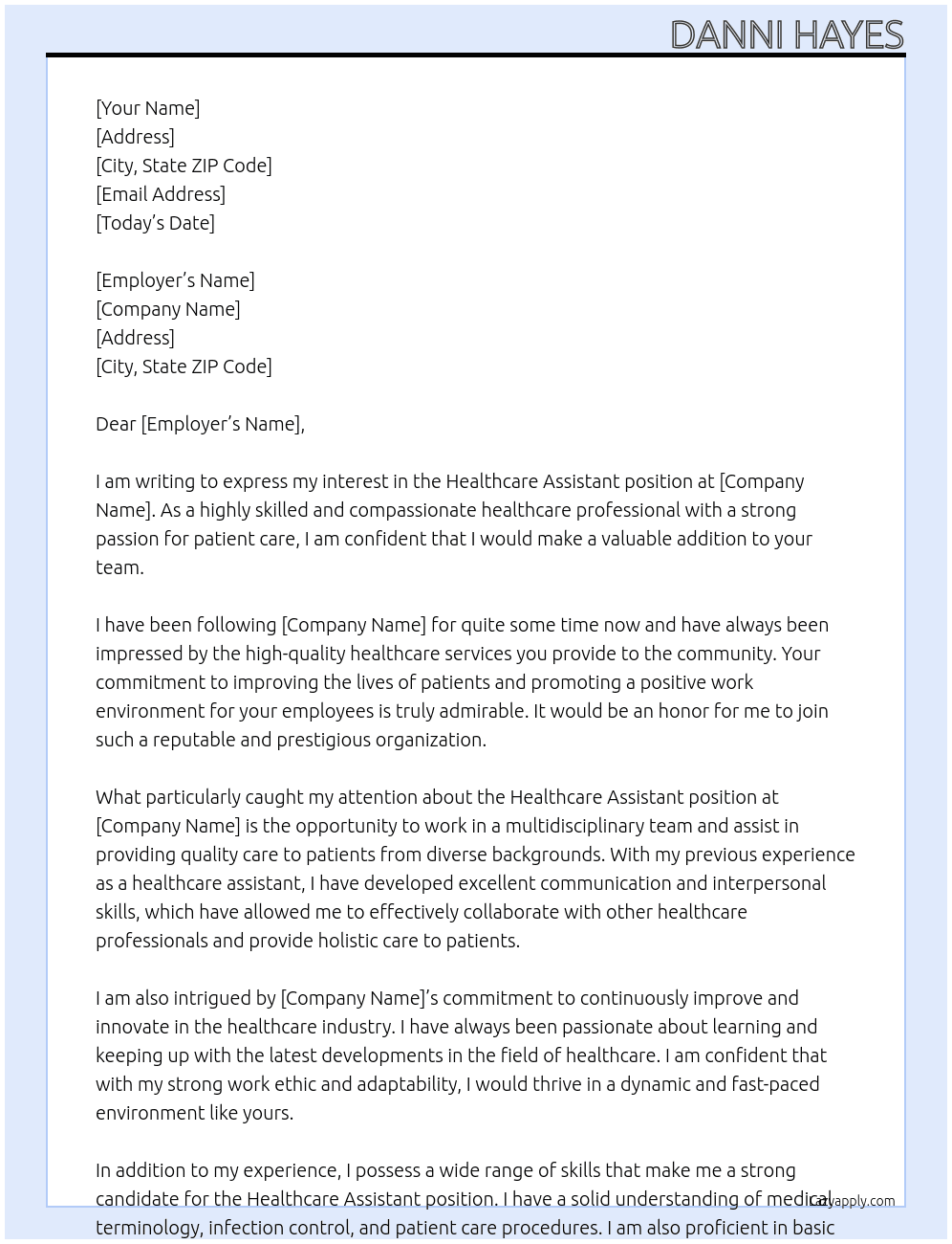 Healthcare assistant  At Hospital Cover Letter