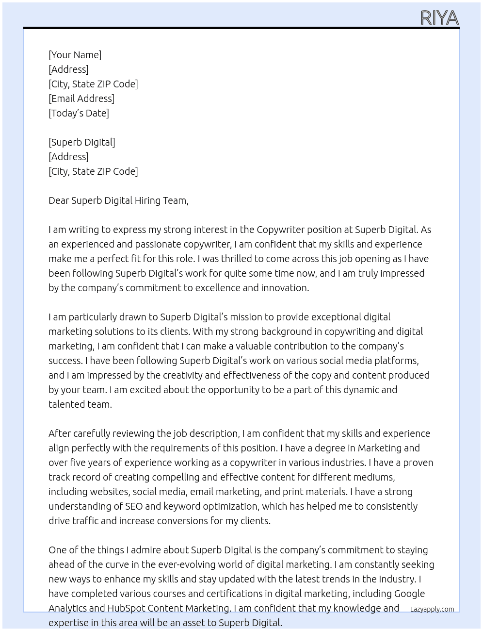 copywiter At Superb Digital Cover Letter