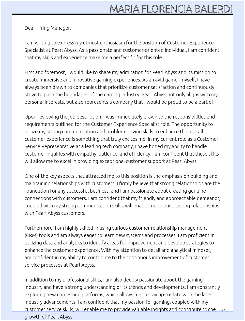 Customer Experience Specialist At Pearl Abyss Cover Letter