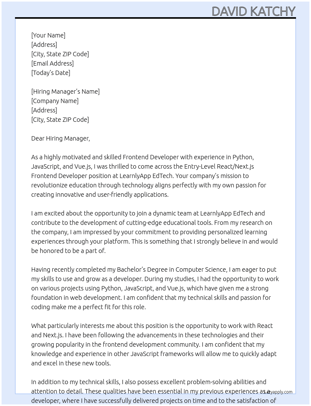 Entry-Level React/Next.js Frontend Developer At LearnlyApp EdTech Cover Letter