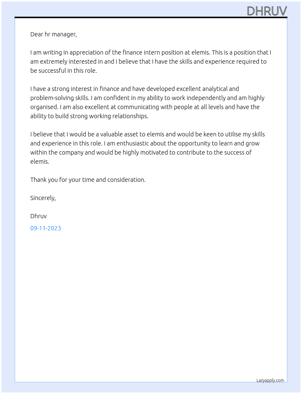 finance intern At elemis Cover Letter