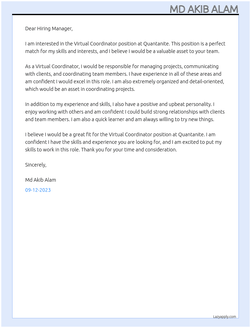 Virtual Coordinator At Quantanite Cover Letter