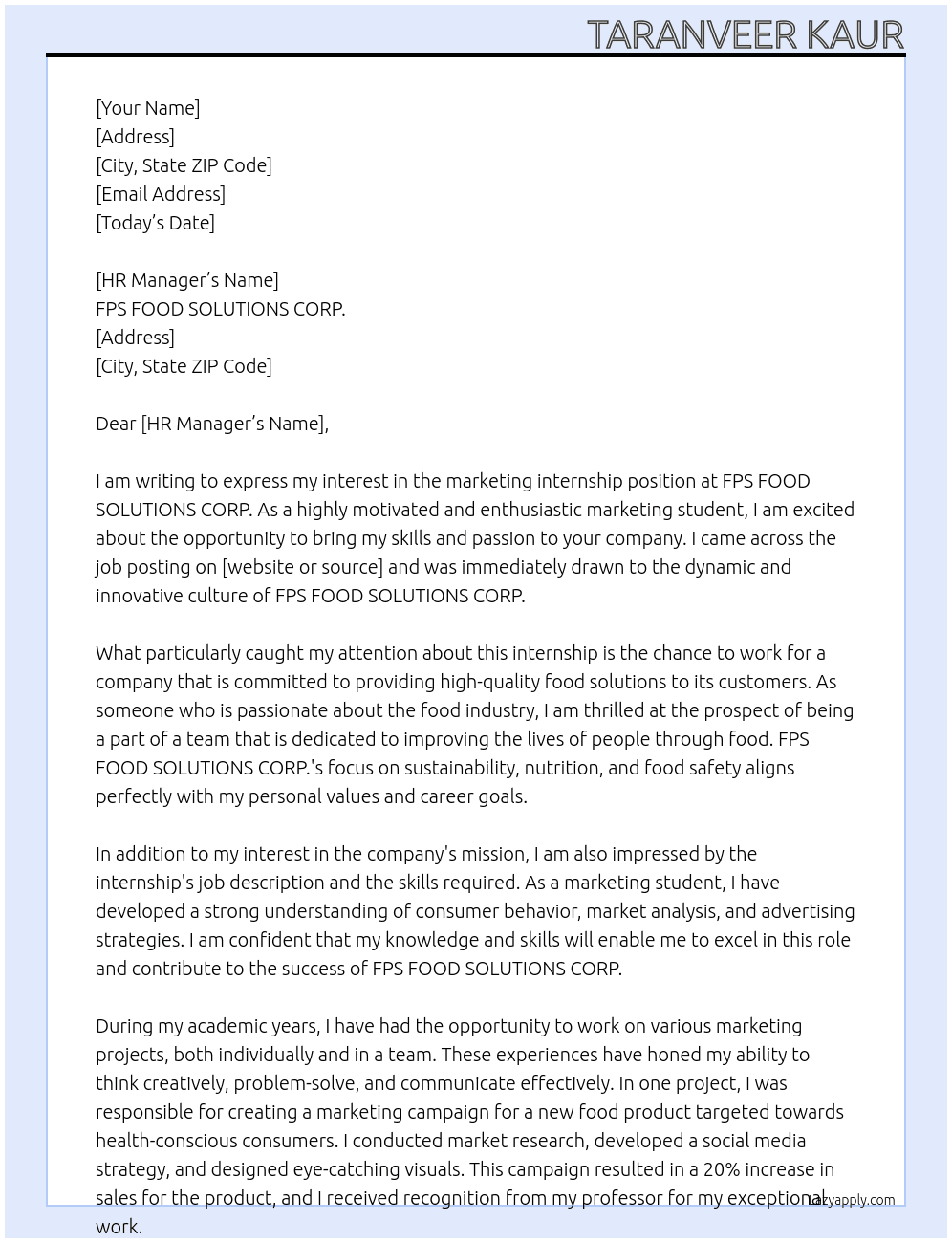 marketing internship At FPS FOOD SOLUTIONS CORP. Cover Letter