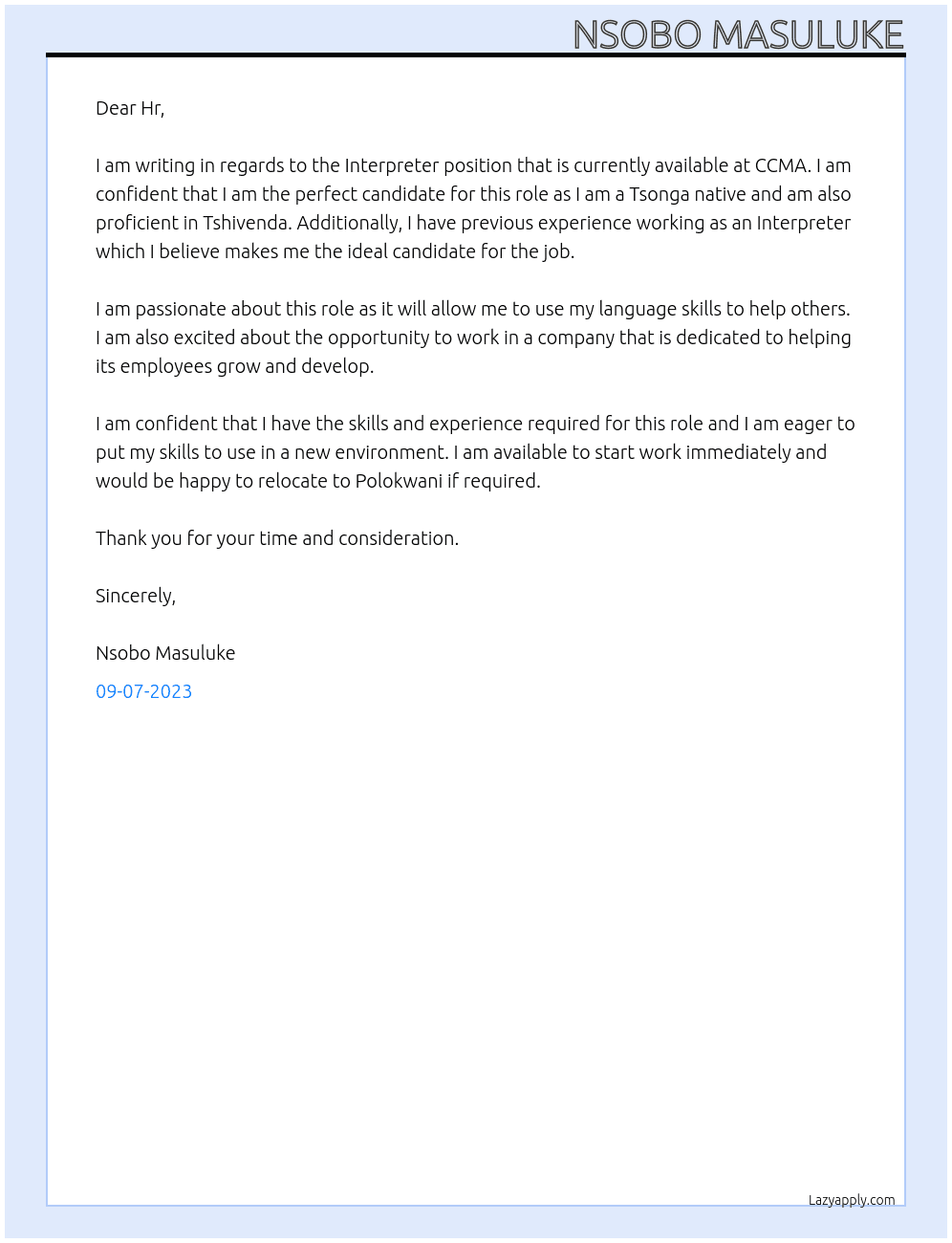 Interpreter At CCMA Cover Letter