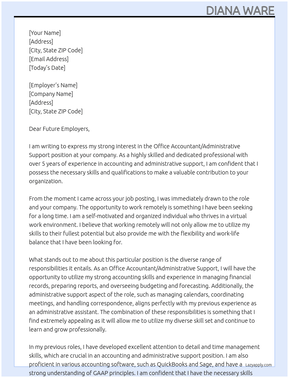 Office accountant/Administrative support At A remote position  Cover Letter