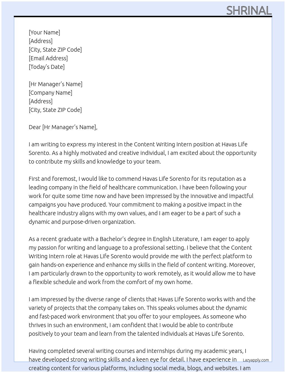 Content writing intern At Havas Life Sorento Cover Letter