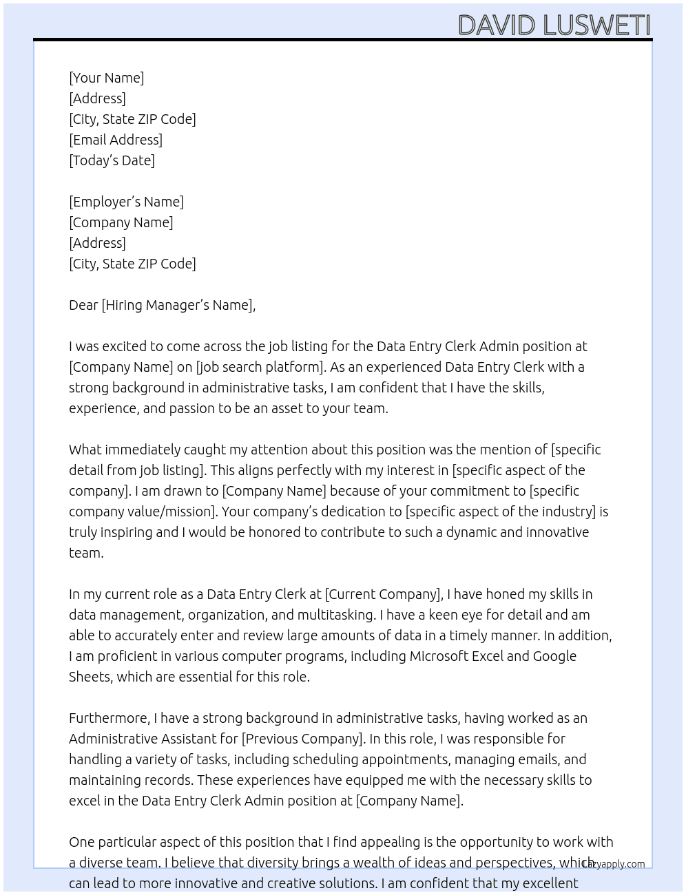 Data Entry Clerk Admin At pulsemedianl Cover Letter