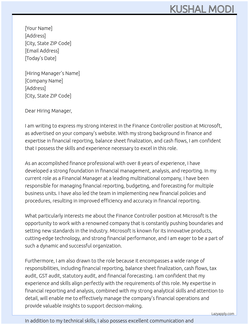 Finance Controller  At Microsoft  Cover Letter