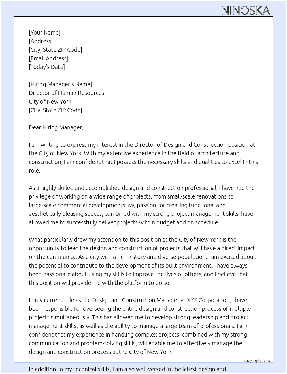 Director of Design and Construction  At City of New York  Cover Letter