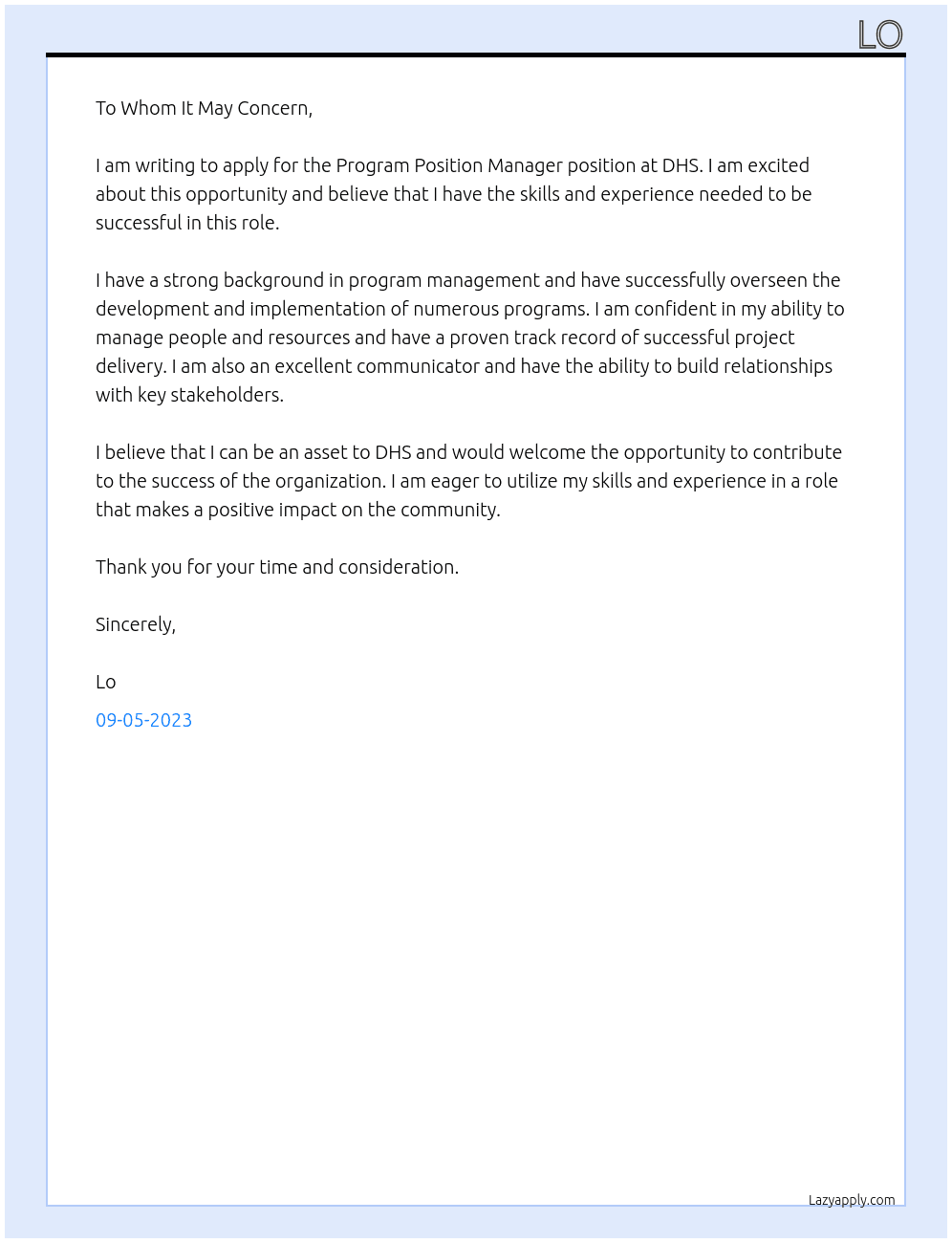 Program Position Manager At DHS Cover Letter