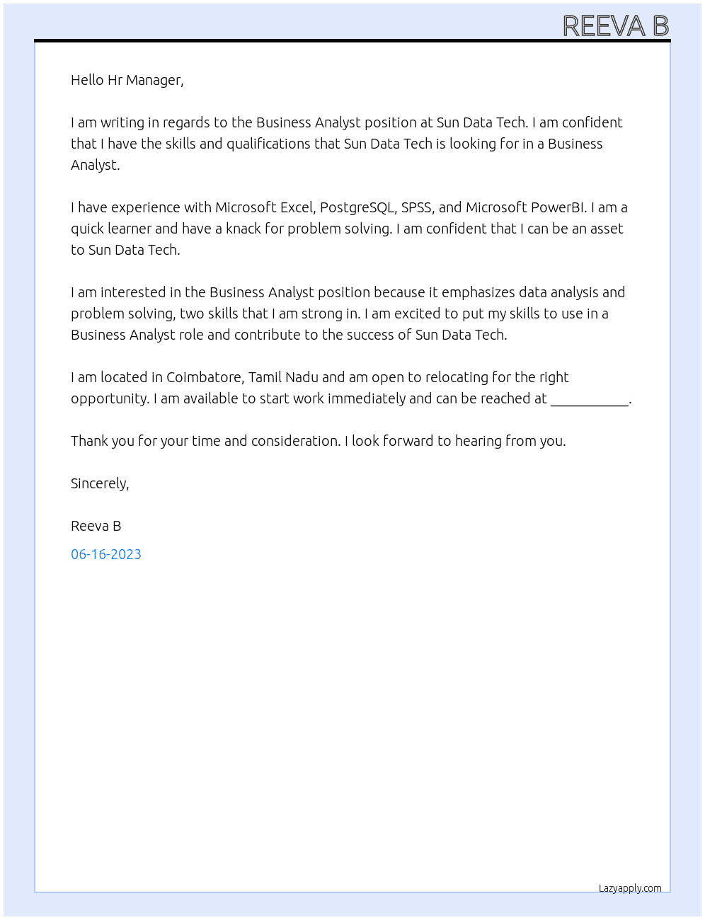Business Analyst At Sun Data Tech  Cover Letter