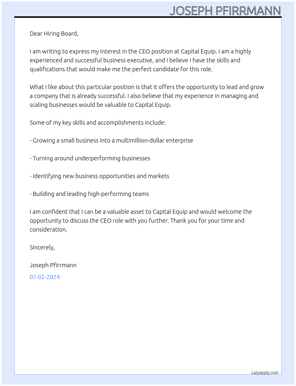 CEO At Capital Equip Cover Letter
