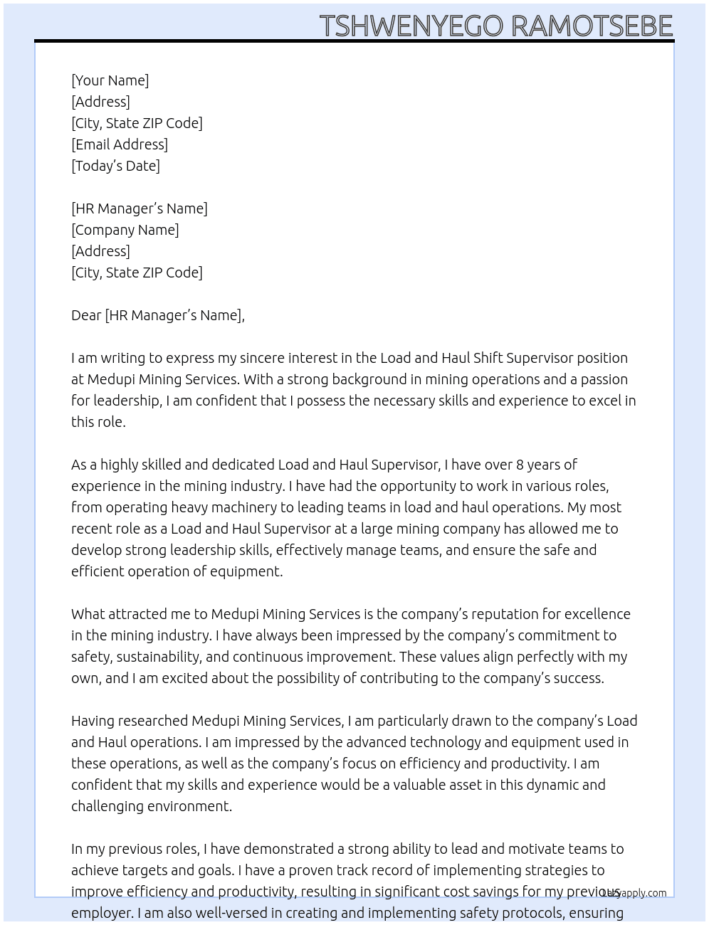 Load and Haul Shift Supervisor At Medupi Mining Services Cover Letter