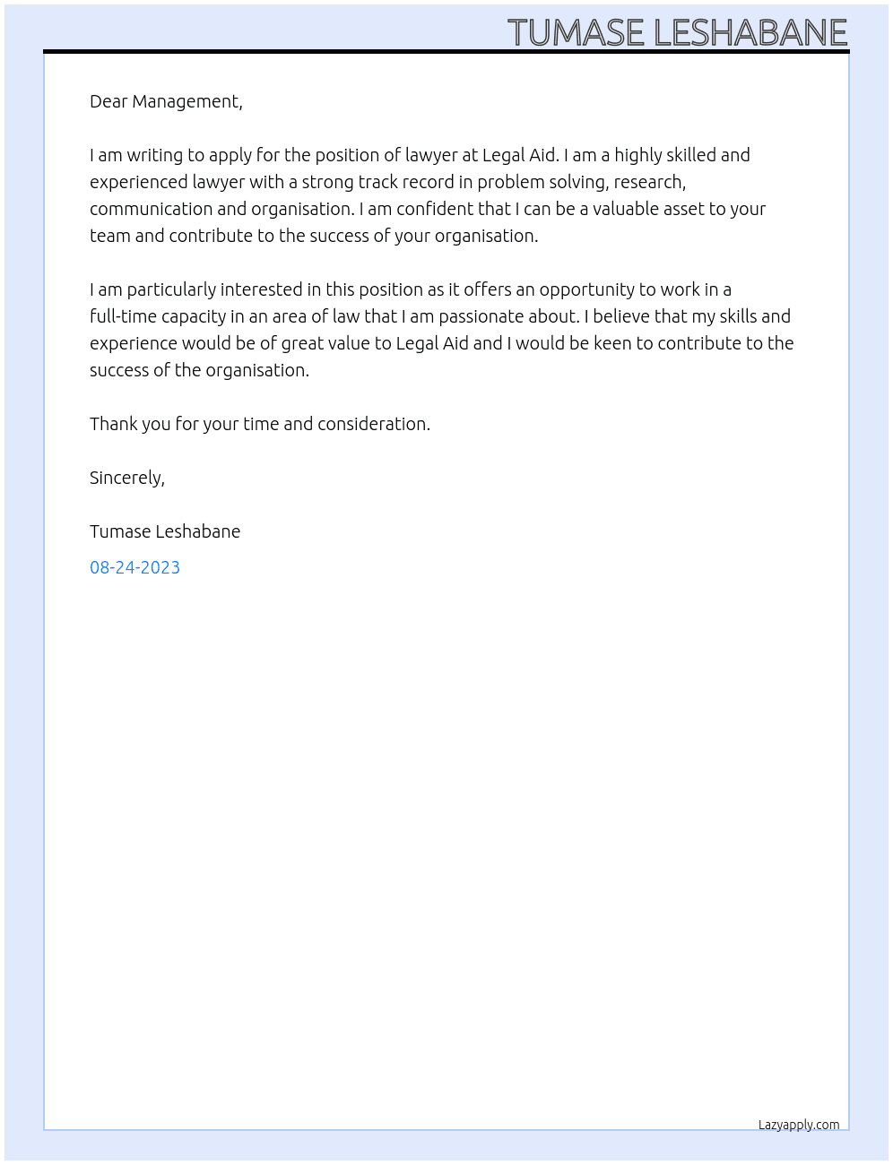 Lawyer At Legal aid  Cover Letter