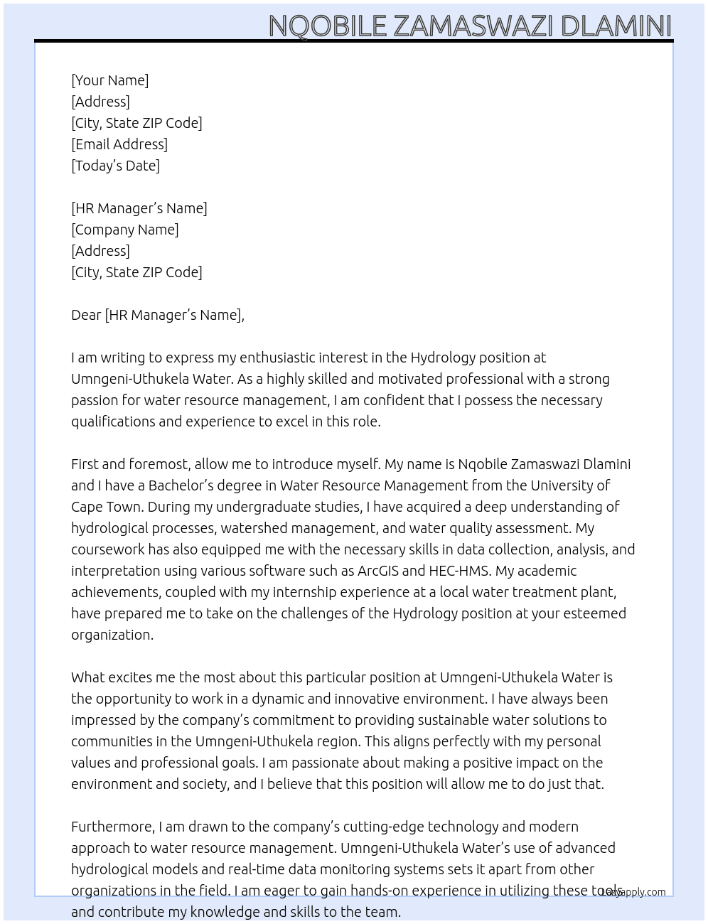 hydrology At Umngeni-Uthukela Water Cover Letter