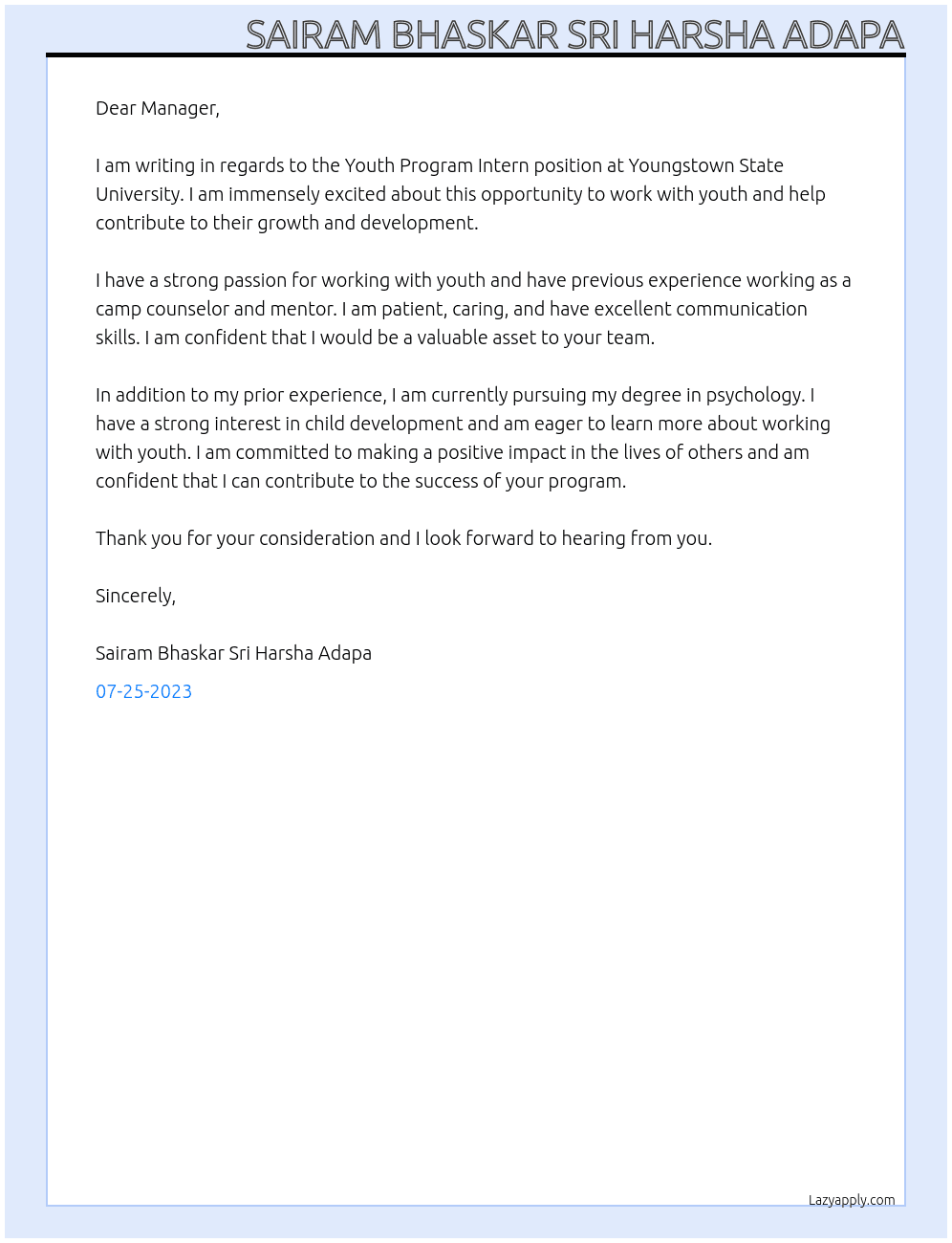 Youth program intern At Youngstown state university  Cover Letter